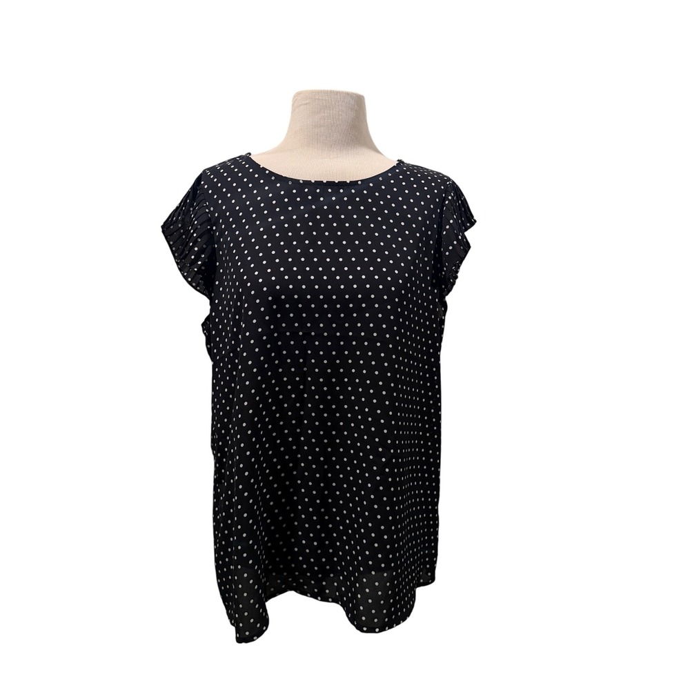 Adrianna‎ Papell Black Polka Dot Pleated Ruffle Sleeve Blouse Top Womens Large